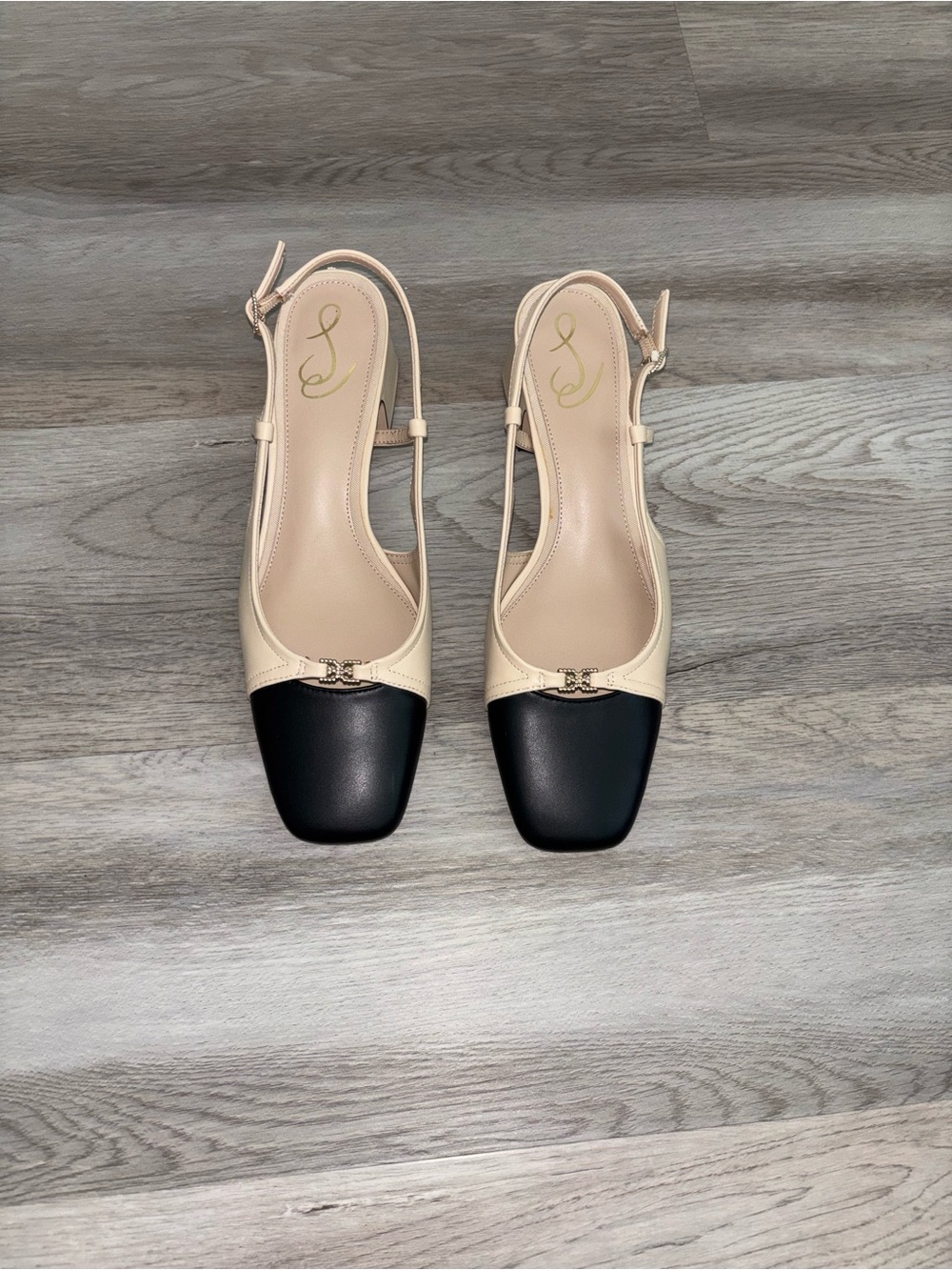 Sam Edelman Cream and Black Block Heel Slingback Sandals - Picture 2 of 5